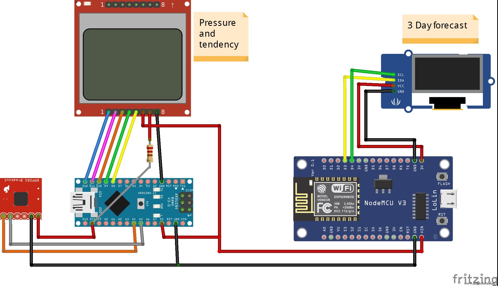 Compact Weerstation: Arduino Nano & ESP8266 Met BMP280 Barometrische Sensor & OLED/Nokia LCD Display