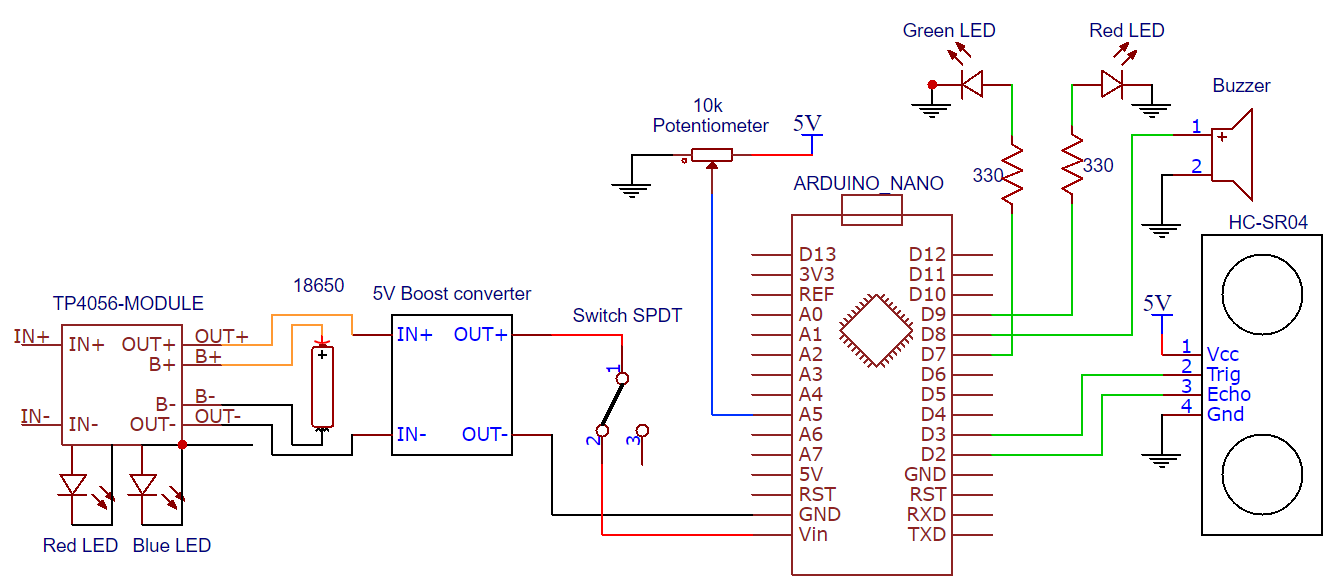 Draagbare Afstandsdetector – Arduino Nano DIY Kit met HC-SR04, 18650 Accu en 3D-geprinte Behuizing