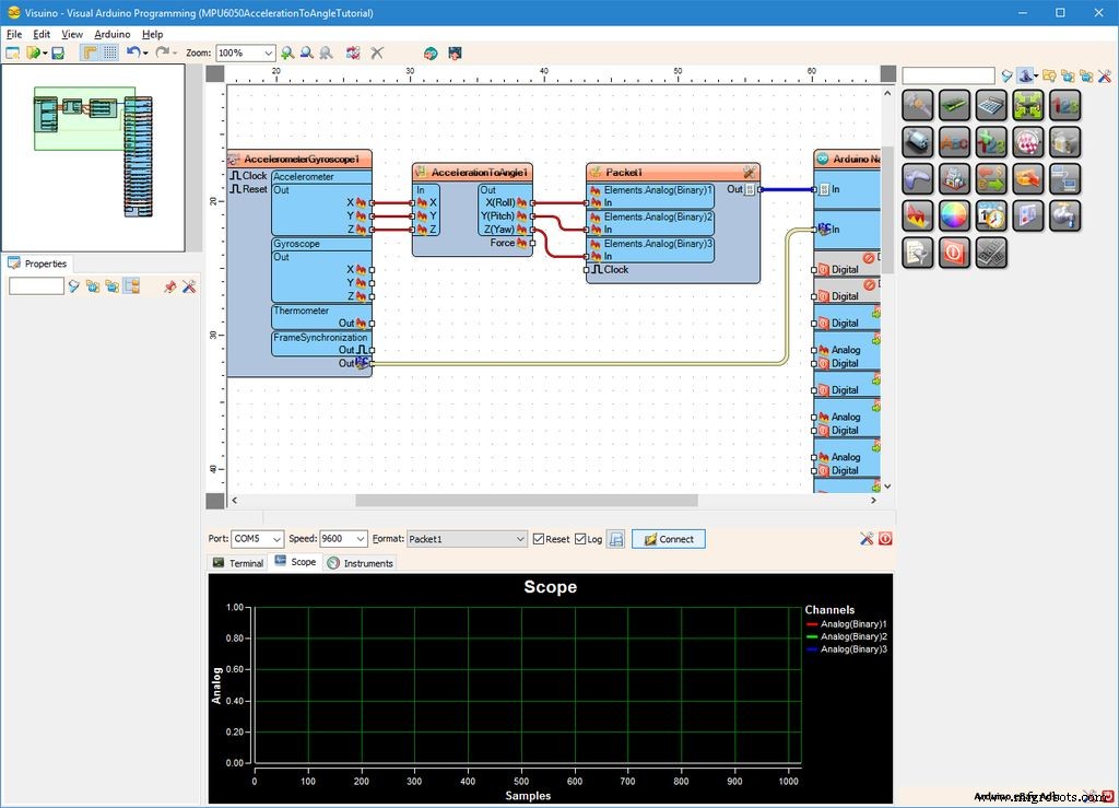 Kantelhoeken berekenen uit MPU6050 versnelling met Arduino Nano en Visuino