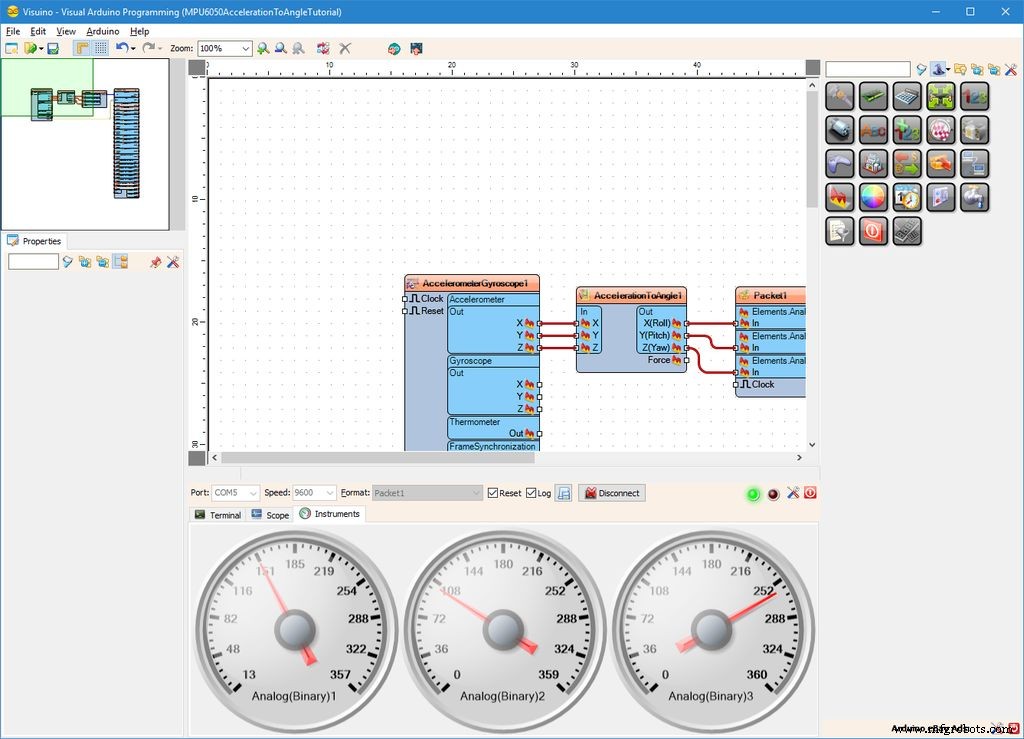 Kantelhoeken berekenen uit MPU6050 versnelling met Arduino Nano en Visuino