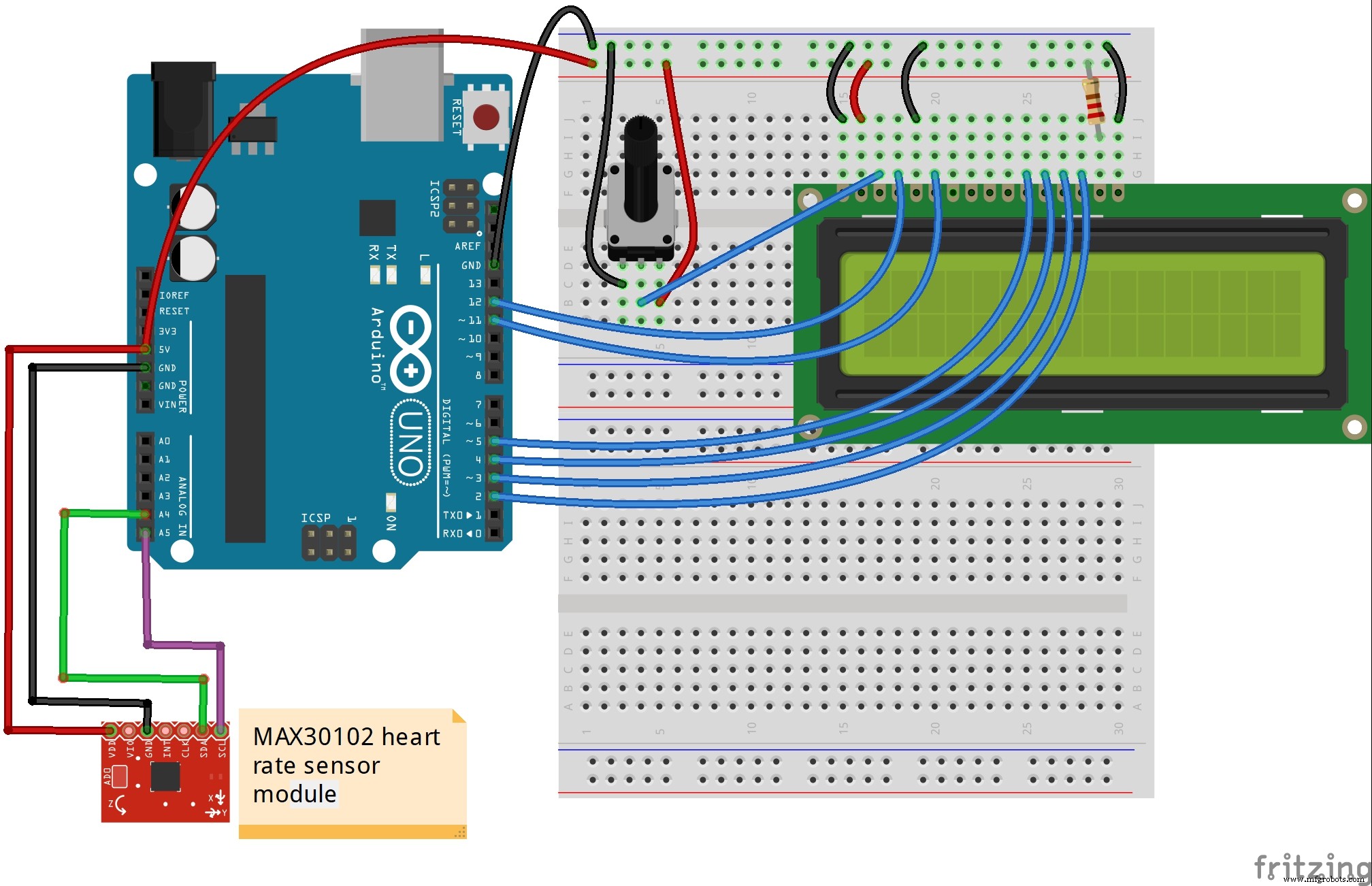 MAX30102 hartslagmonitor bouwen met Arduino Nano en 16x2 LCD