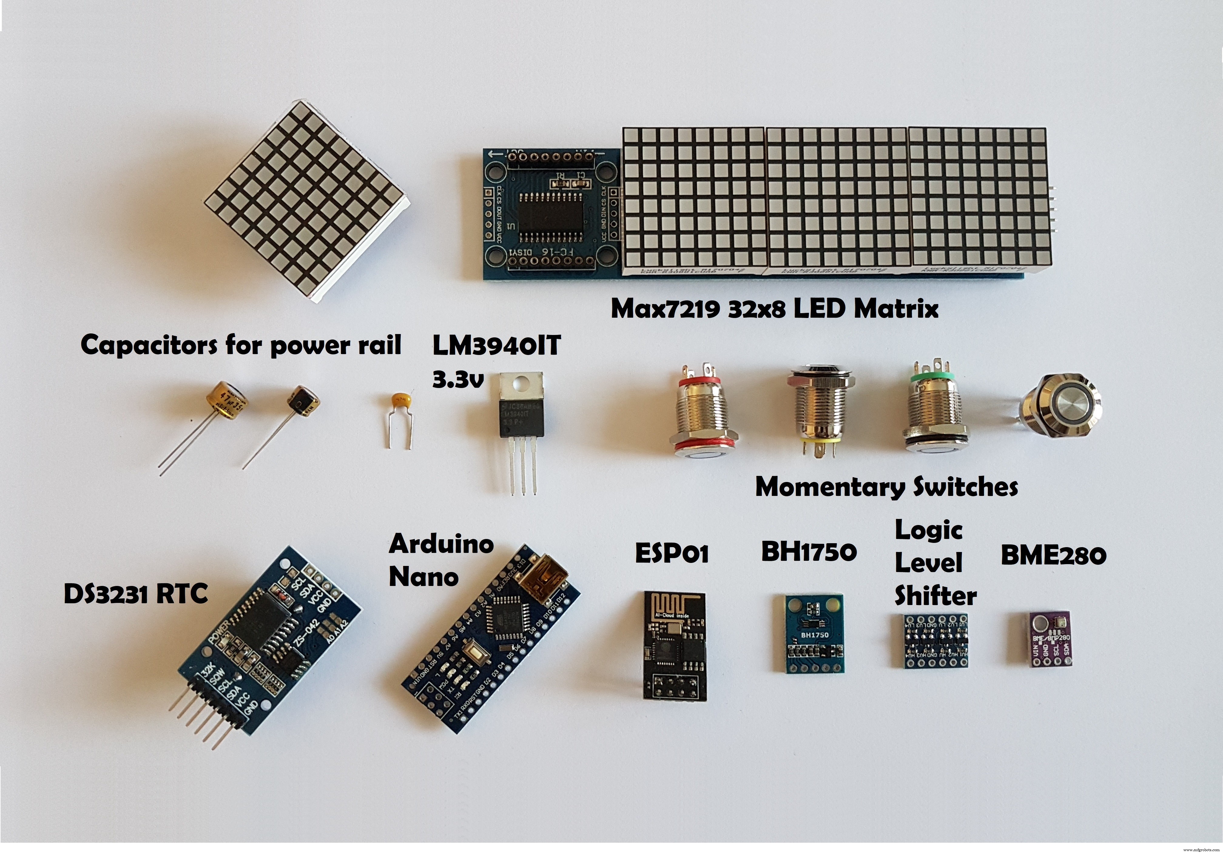 Hoog-precieze LED-matrix klok met DS3231 RTC, BME280 weerdata, BH1750 lichtsensor & ESP01 NTP-synchronisatie