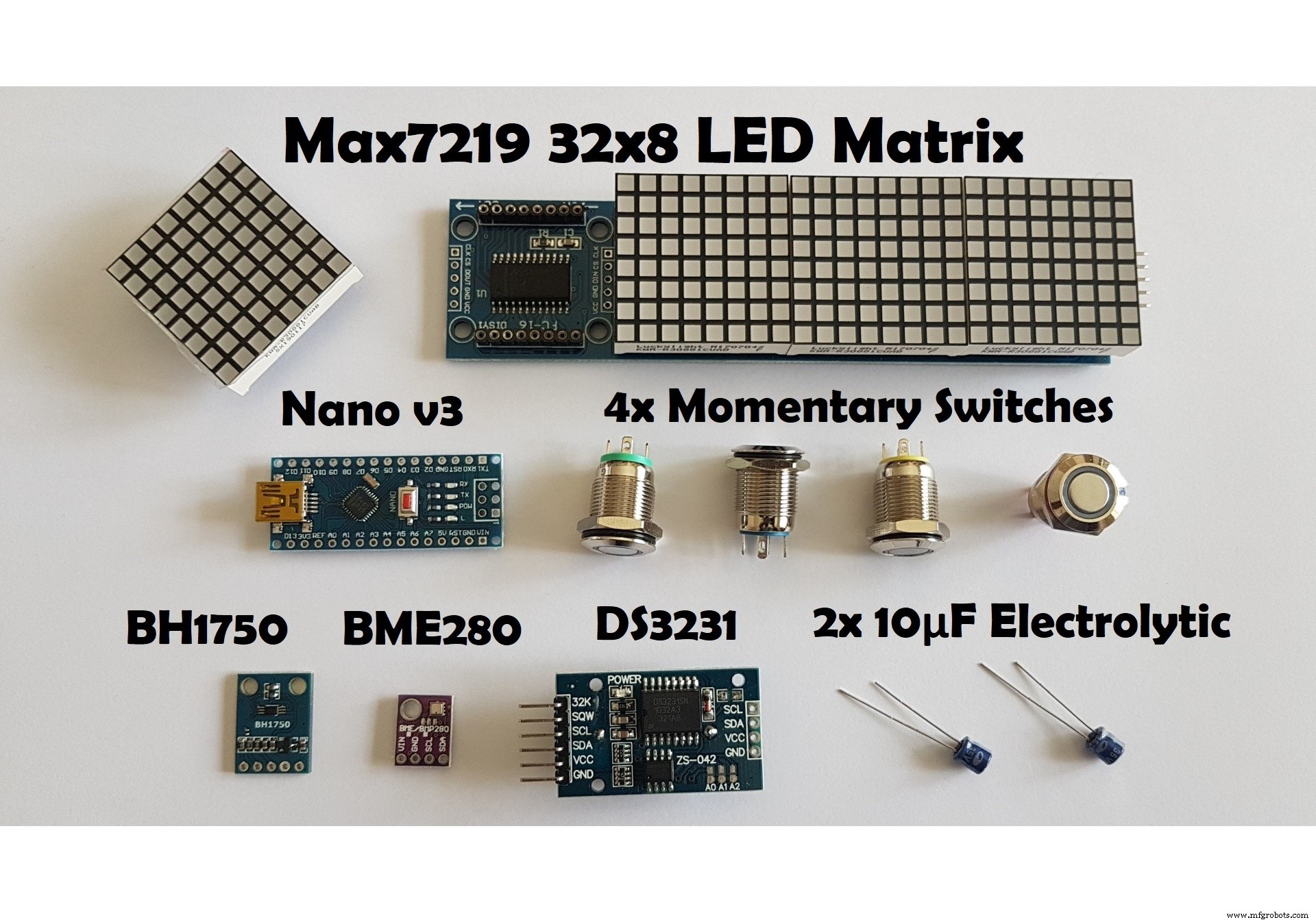 Hoog-precieze LED-matrix klok met DS3231 RTC, BME280 weerdata, BH1750 lichtsensor & ESP01 NTP-synchronisatie
