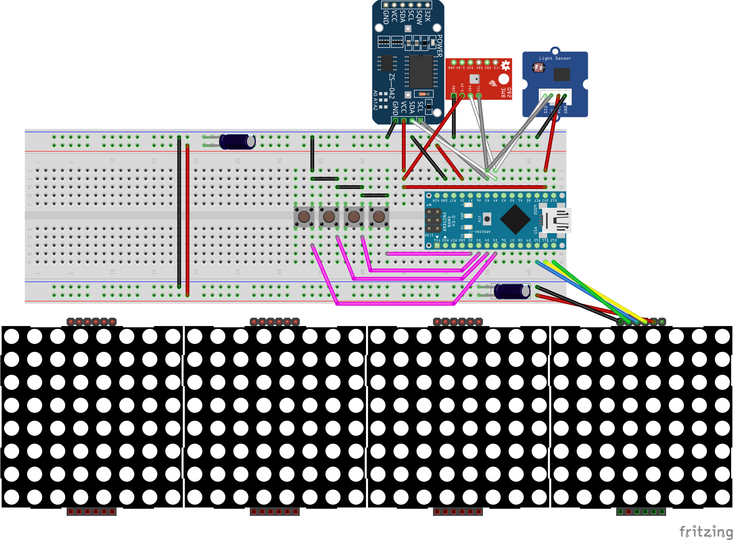 Hoog-precieze LED-matrix klok met DS3231 RTC, BME280 weerdata, BH1750 lichtsensor & ESP01 NTP-synchronisatie