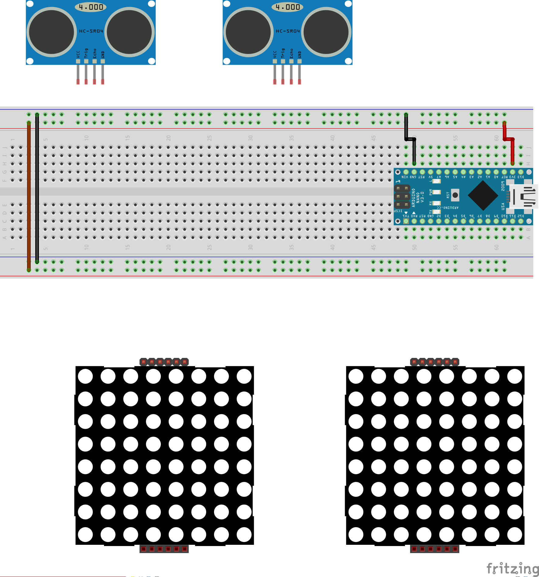 Ultrasonische Ogen: Interactieve 8x8 LED-matrix Afstandssensor