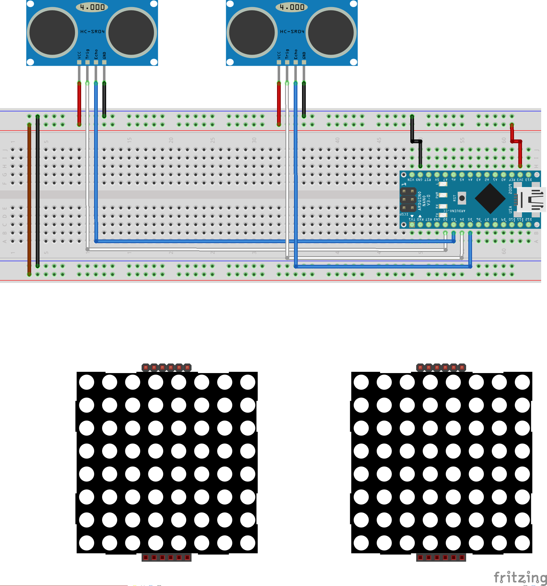 Ultrasonische Ogen: Interactieve 8x8 LED-matrix Afstandssensor